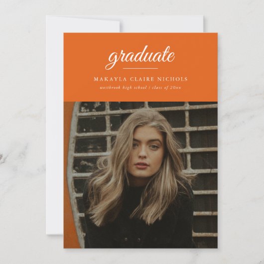Invitation Moderne Simple Script Orange Photo Graduation (Devant)