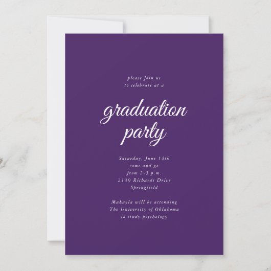 Invitation Moderne Simple Script Purple Photo Graduation (Dos)