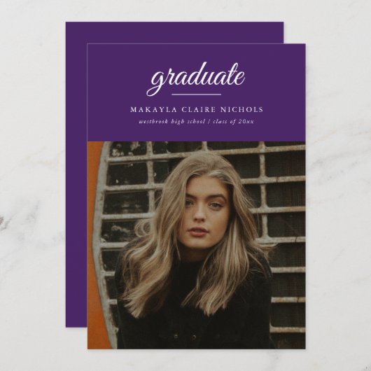 Invitation Moderne Simple Script Purple Photo Graduation (Devant / Derrière)