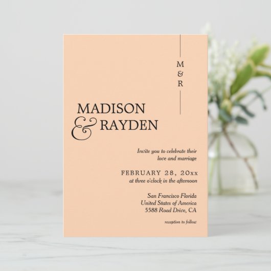 Invitation Moderne Simple Vanilla Peach Monogramme Mariage ph (Debout devant)