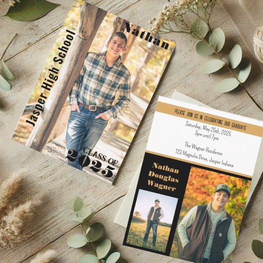 Invitation Moderne Sleek Black Gold Graduation Nom photo