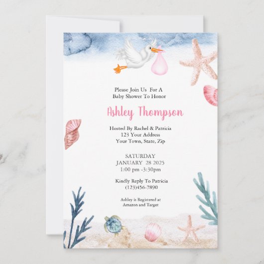 Invitation Moderne sous la cigogne rose (Devant)