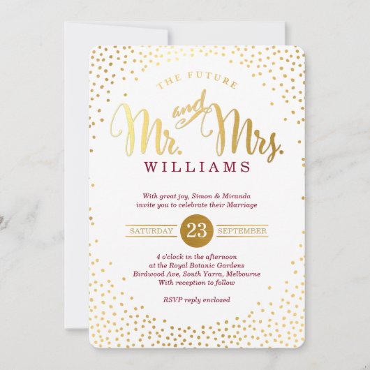 Invitation MODERNE STYLE MARIAGE or confetti maroon invitatio (Devant)