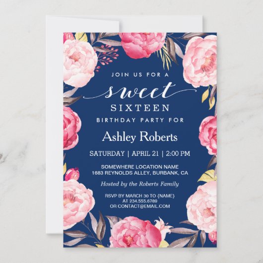 Invitation Moderne Sweet 16 Anniversaire Marine Blue Floral W (Devant)
