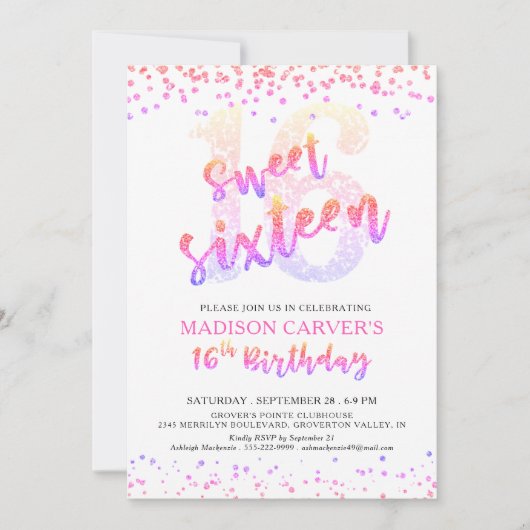 Invitation Moderne Sweet 16 Anniversaire rose violet Parties  (Devant)