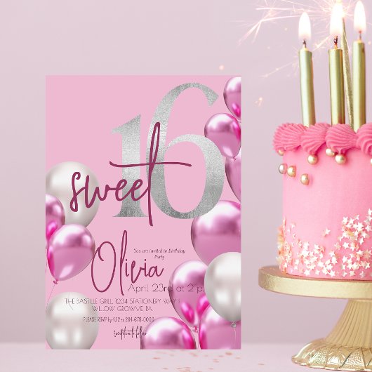 Invitation Moderne Sweet 16 Ballons d'argent rose Anniversair