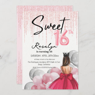 Invitation Moderne Sweet 16 Glam Princess Balloons Anniversai