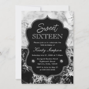 Invitation Moderne Sweet 16 noir, blanc et marbre argenté