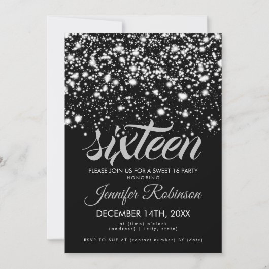 Invitation Moderne Sweet 16 Silver & Black Midnight Glam (Devant)