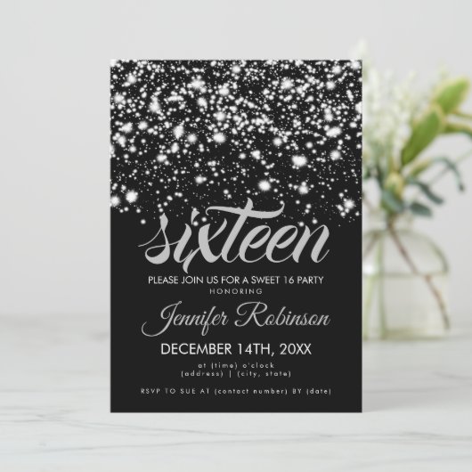Invitation Moderne Sweet 16 Silver & Black Midnight Glam (Debout devant)