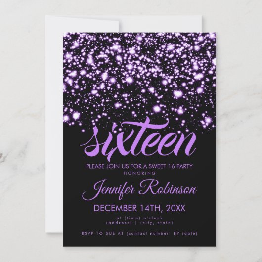 Invitation Moderne Sweet 16 Violet Glam de minuit (Devant)