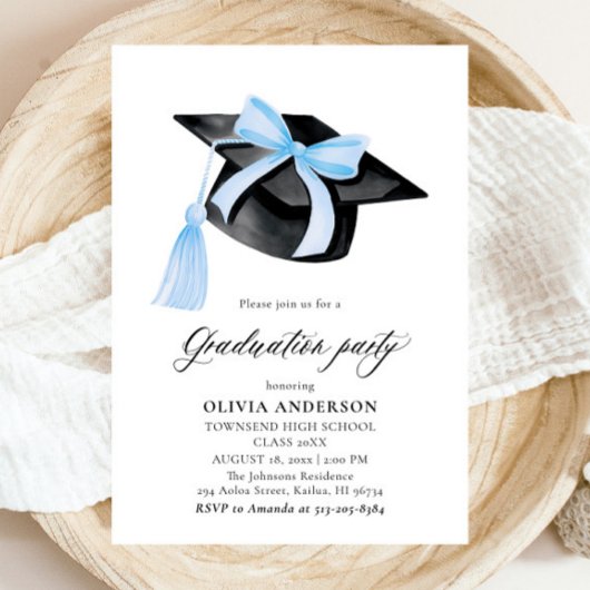 Invitation Moderne tendance Bleu Bow Graduation Cap Graduatio