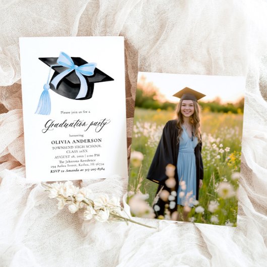 Invitation Moderne tendance Bleu Bow Graduation Cap Graduatio