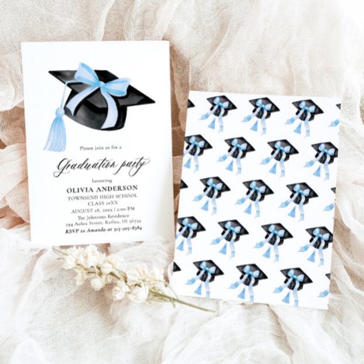 Invitation Moderne tendance Bleu Bow Graduation Cap Graduatio