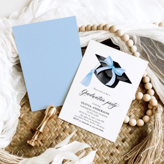 Invitation Moderne tendance Bleu Bow Graduation Cap Graduatio