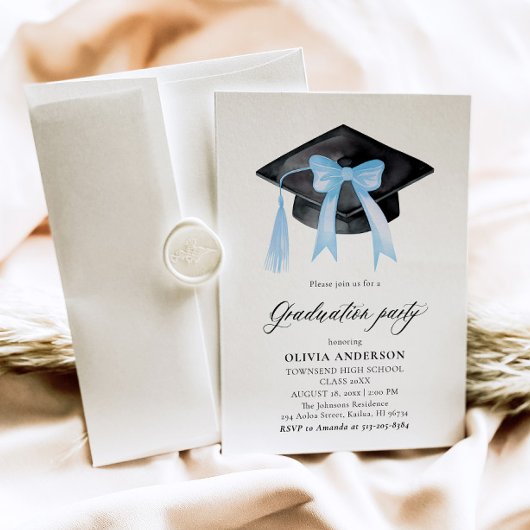 Invitation Moderne tendance Bleu Bow Graduation Cap Graduatio