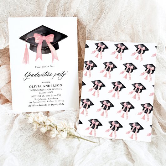 Invitation Moderne tendance Pink Bow Graduation Cap Graduatio