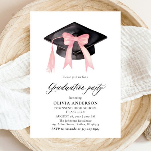 Invitation Moderne tendance Pink Bow Graduation Cap Graduatio