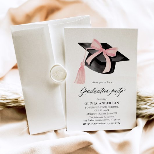 Invitation Moderne tendance Pink Bow Graduation Cap Graduatio