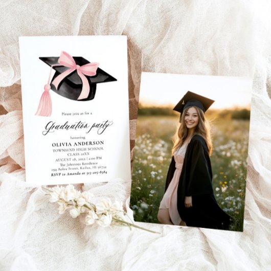 Invitation Moderne tendance Pink Bow Graduation Cap Graduatio