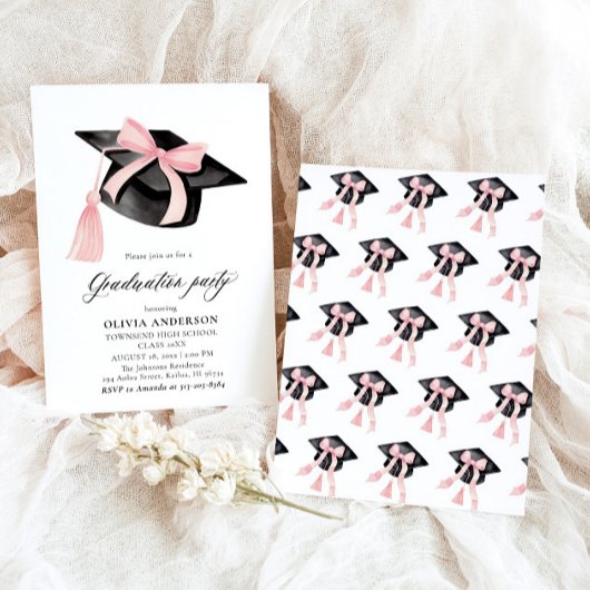 Invitation Moderne tendance Pink Bow Graduation Cap Graduatio