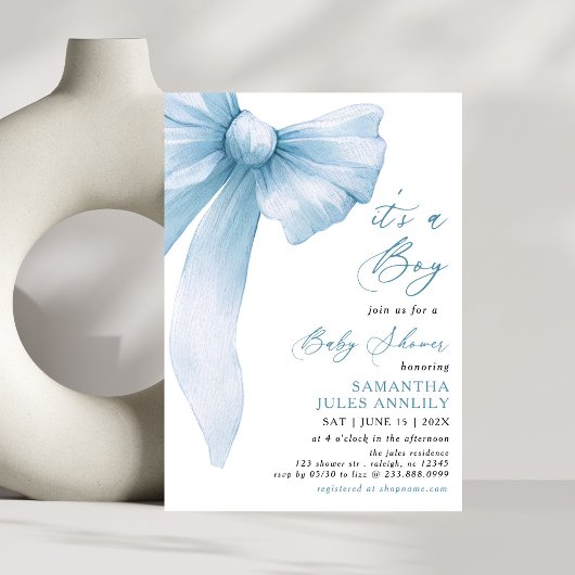 Invitation Moderne tendance Son a Boy Blue Bow Baby shower