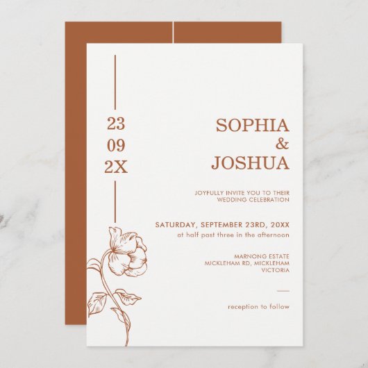 Invitation Moderne Terracotta Date Line Art Floral Mariage (Devant / Derrière)