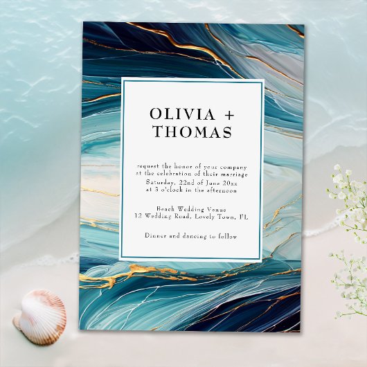 Invitation Moderne Tropical Bliss Gold Ink Ocean Wave Mariage