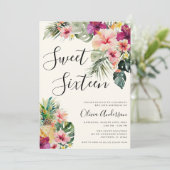 Invitation Moderne Tropical Floral Sweet 16 Beige (Debout devant)