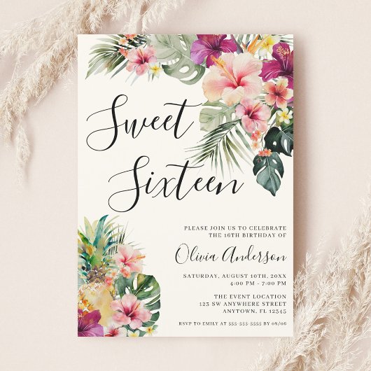 Invitation Moderne Tropical Floral Sweet 16 Beige