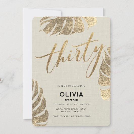 Invitation Moderne Tropical Gold Elegant Foliage 30e annivers (Devant)