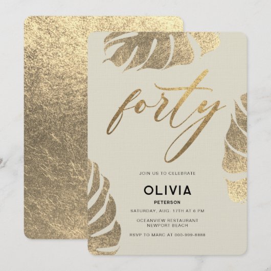 Invitation Moderne Tropical Gold Elegant Foliage 40e annivers (Devant / Derrière)
