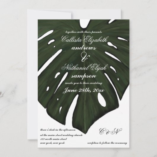 Invitation Moderne Tropical Green Monstera Mariage feuille (Devant)