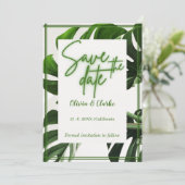 Invitation Moderne Tropical "Save the Date" Vert Néon et Blan (Debout devant)
