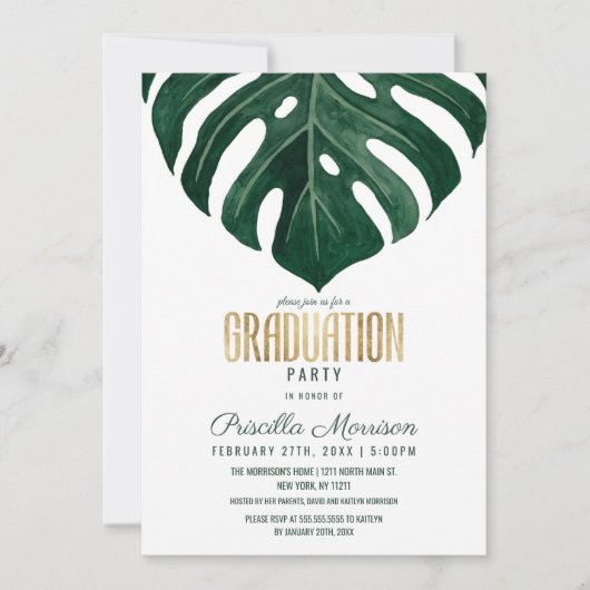 Invitation Moderne Tropical Suisse Fromage Leaf Gold Graduati (Devant)