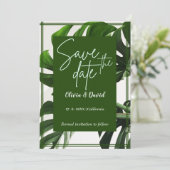 Invitation Moderne Tropical Vert et Blanc Date de Sauvegarde (Debout devant)