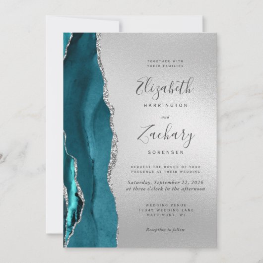 Invitation Moderne Turquoise Agate Mariage argent (Devant)