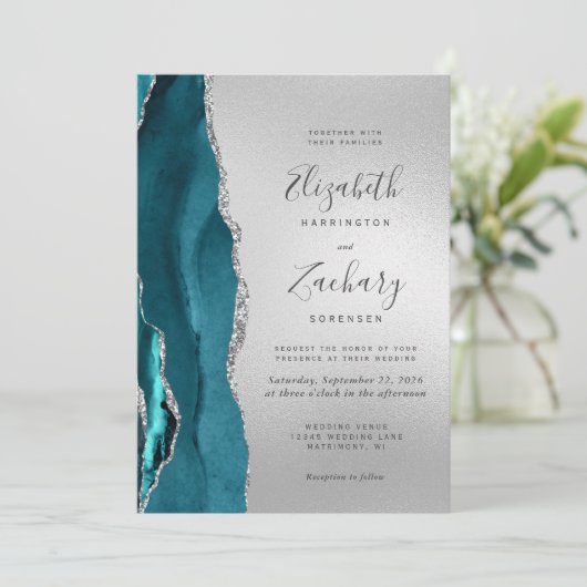 Invitation Moderne Turquoise Agate Mariage argent (Debout devant)