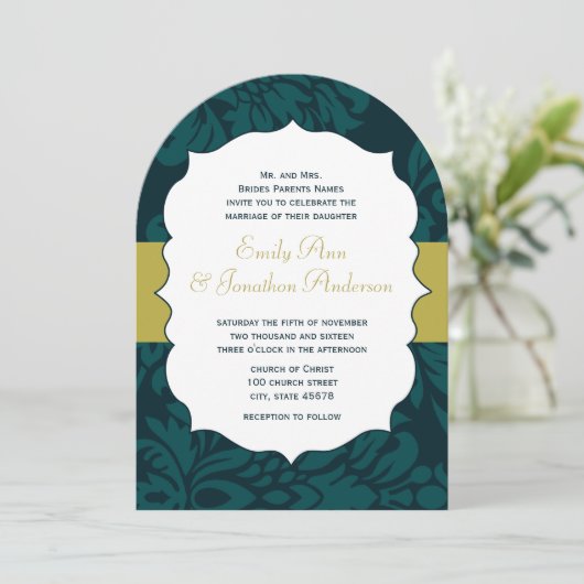 Invitation Moderne Turquoise Aqua et Lime Mariage damassé Inv (Debout devant)