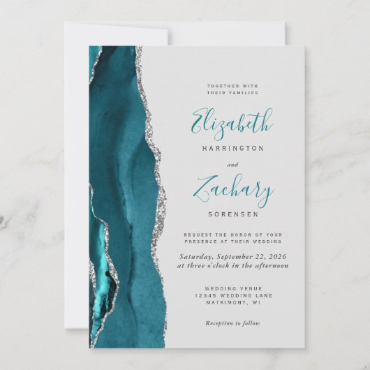 Invitation Moderne Turquoise Argent Agate Gris QR Code Mariag (Devant)