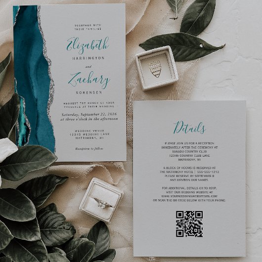Invitation Moderne Turquoise Argent Agate Gris QR Code Mariag