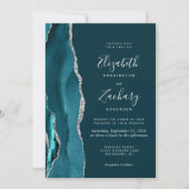 Invitation Moderne Turquoise Bleu Argent Agate QR Code Mariag (Devant)