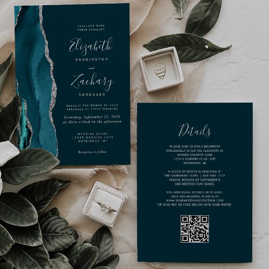 Invitation Moderne Turquoise Bleu Argent Agate QR Code Mariag