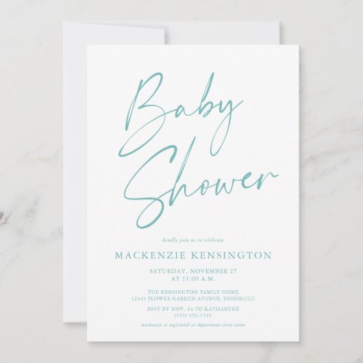 Invitation Moderne Turquoise Bleu Baby shower de script simpl (Devant)