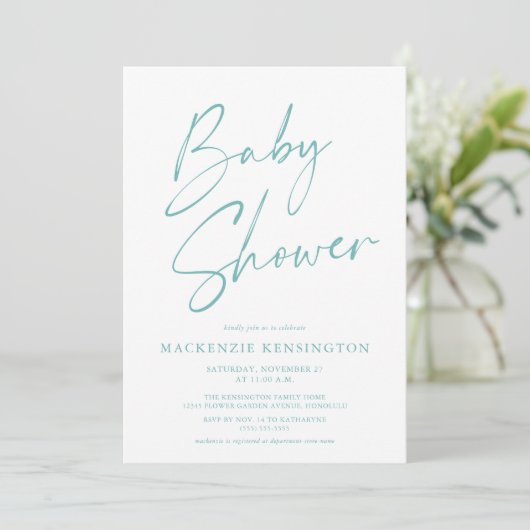 Invitation Moderne Turquoise Bleu Baby shower de script simpl (Debout devant)