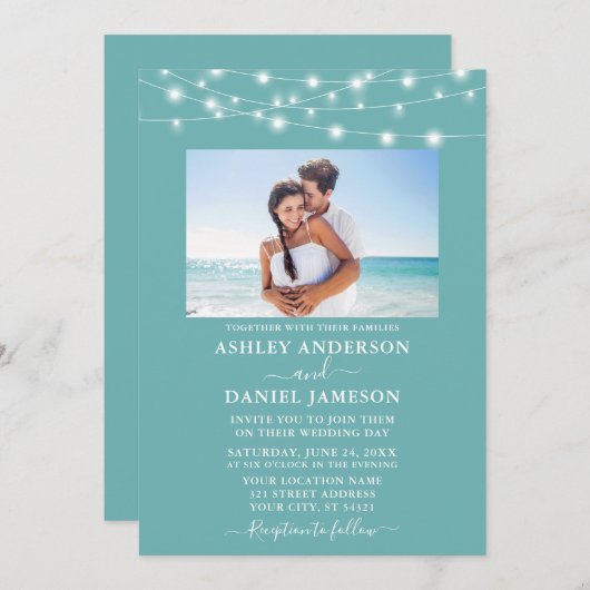 Invitation Moderne Turquoise Blue String Lights Mariage photo (Devant / Derrière)