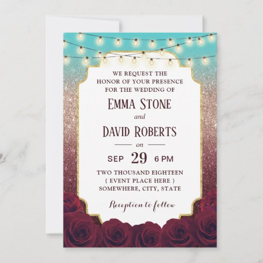 Invitation Moderne Turquoise Bourgogne Rose Gold Ombre Mariag (Devant)