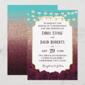 Invitation Moderne Turquoise Bourgogne Rose Gold Ombre Mariag (Devant / Derrière)