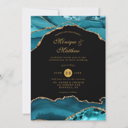 Invitation Moderne Turquoise et doré Agate Mariage en pierre (Devant)
