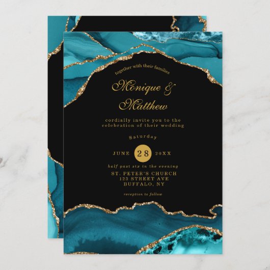 Invitation Moderne Turquoise et doré Agate Mariage en pierre (Devant / Derrière)